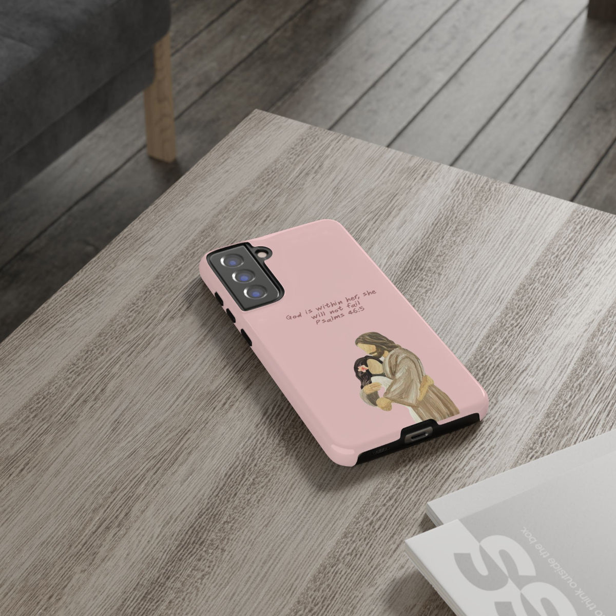 Christelijk telefoonhoesje God is in haar roze mat