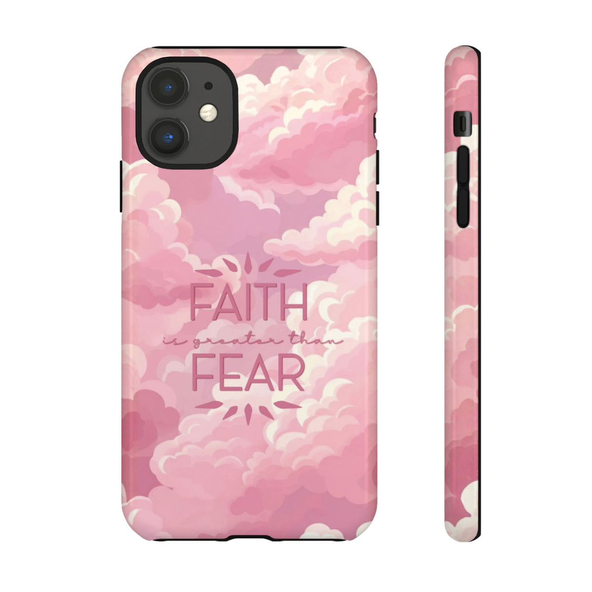 Christelijk telefoonhoesje Geloof is sterker dan angst roze mat