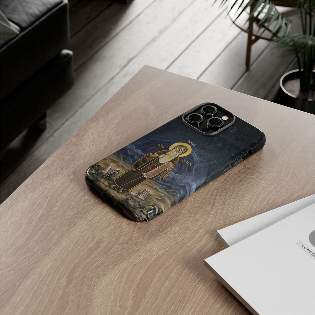 Christelijk telefoonhoesje Sint-Antonius de Grote donkerblauw mat
