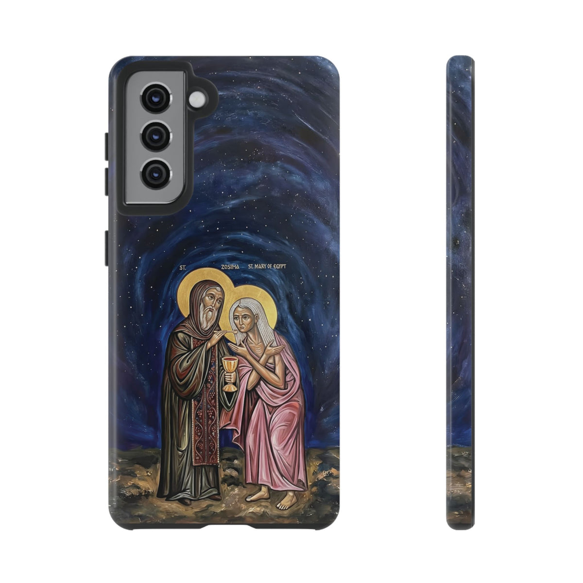 Christelijk telefoonhoesje Maria van Egypte en Sint-Zosimas donkerblauw mat