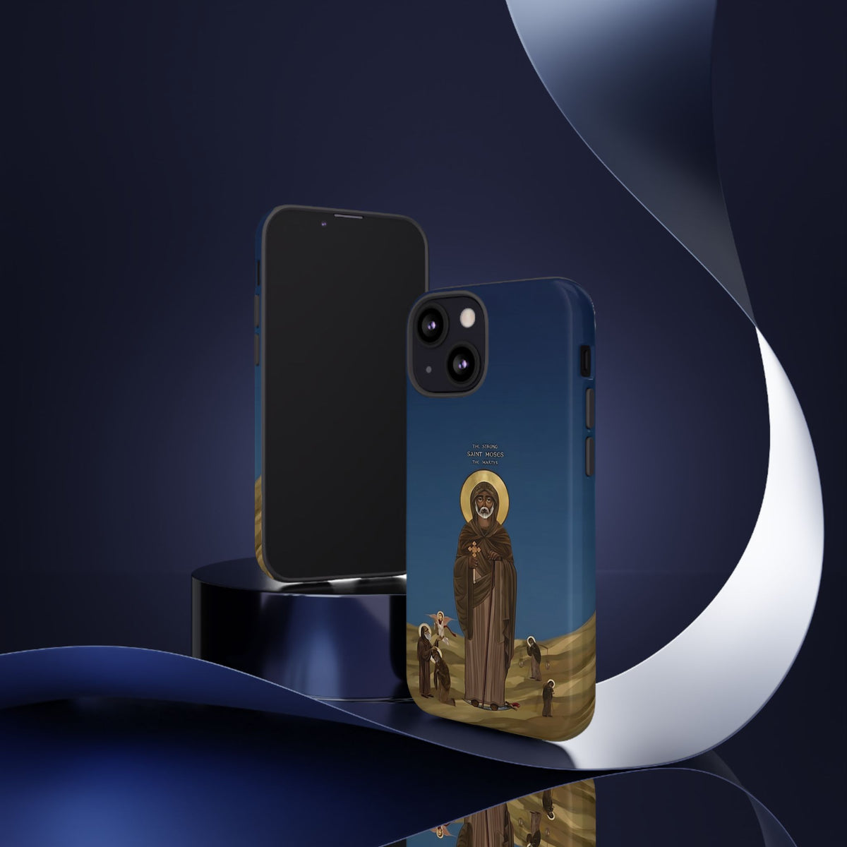 Christelijk telefoonhoesje Sint-Mozes de Sterke blauw mat