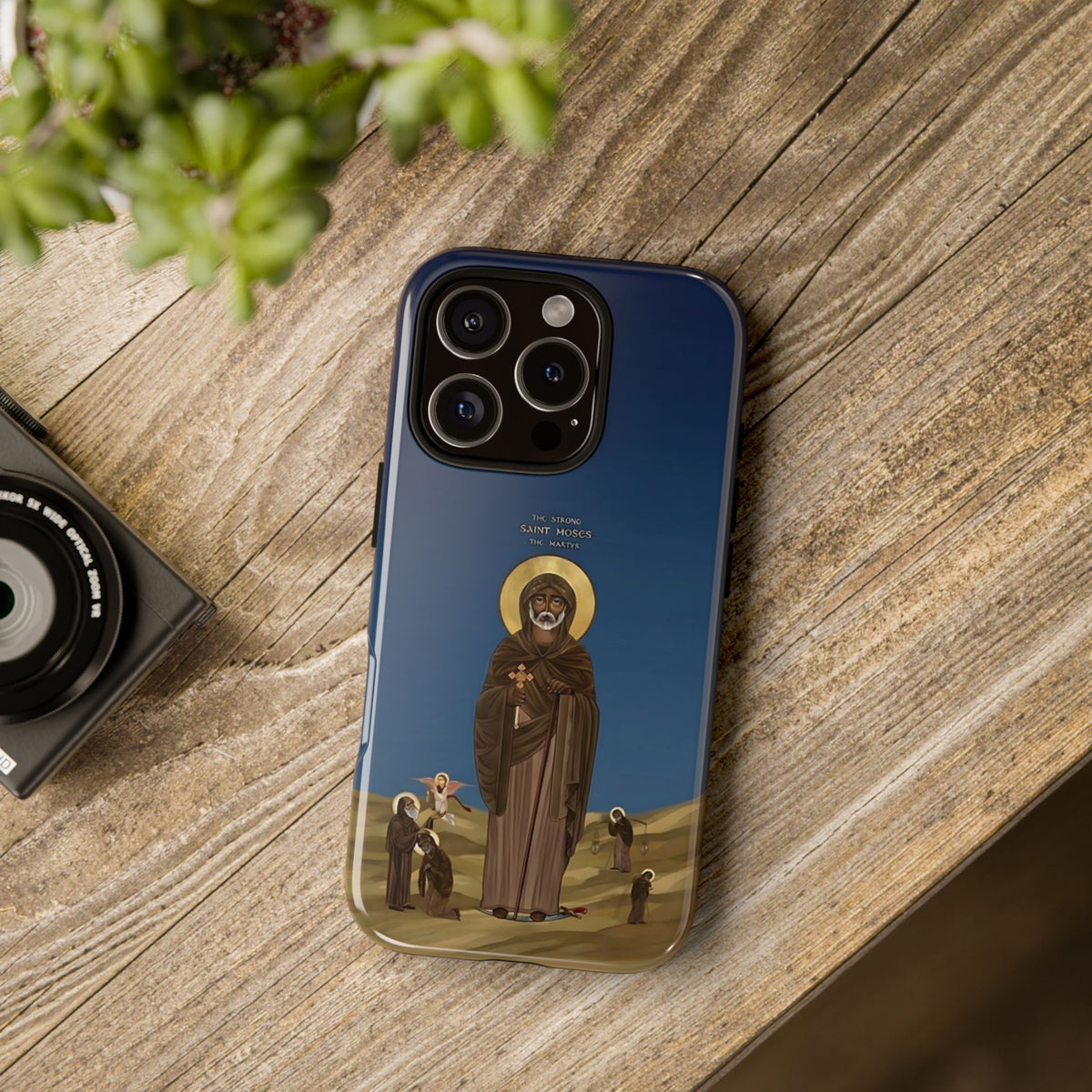 Christelijk telefoonhoesje Sint-Mozes de Sterke blauw mat