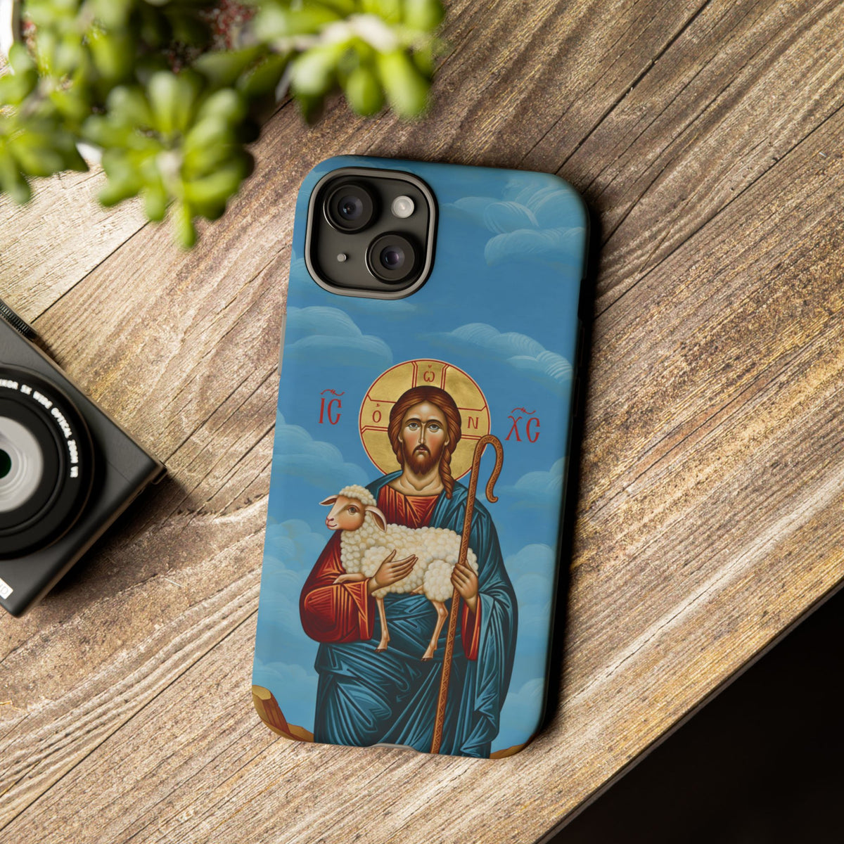 Christelijk telefoonhoesje De Goede Herder blauw mat