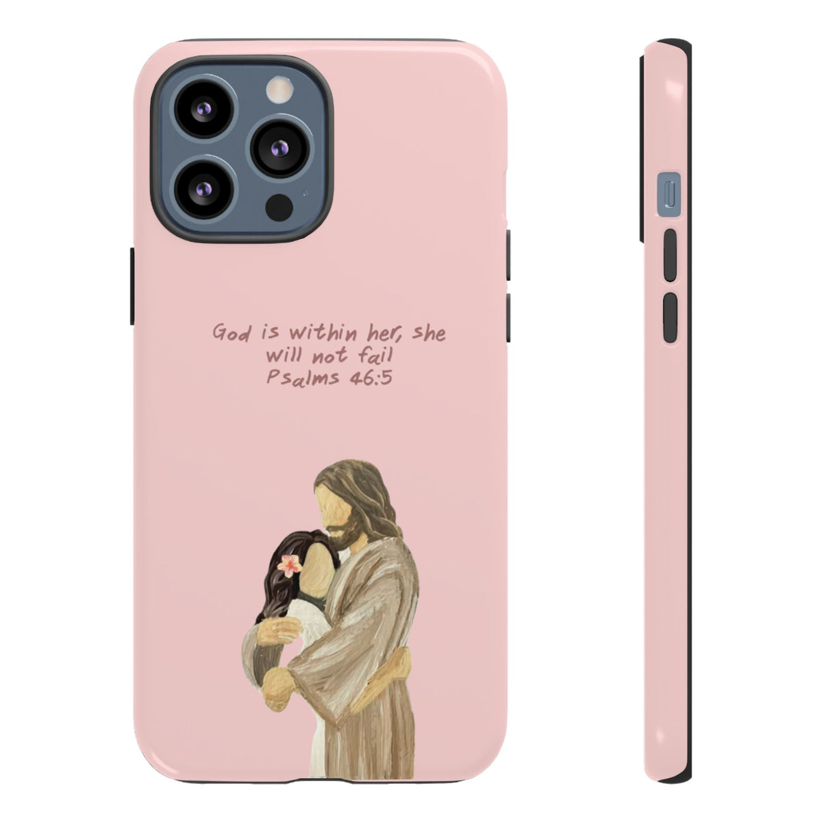 Christelijk telefoonhoesje God is in haar roze mat