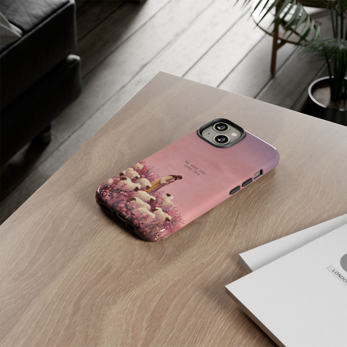 Christelijk telefoonhoesje Hij ziet jou roze mat