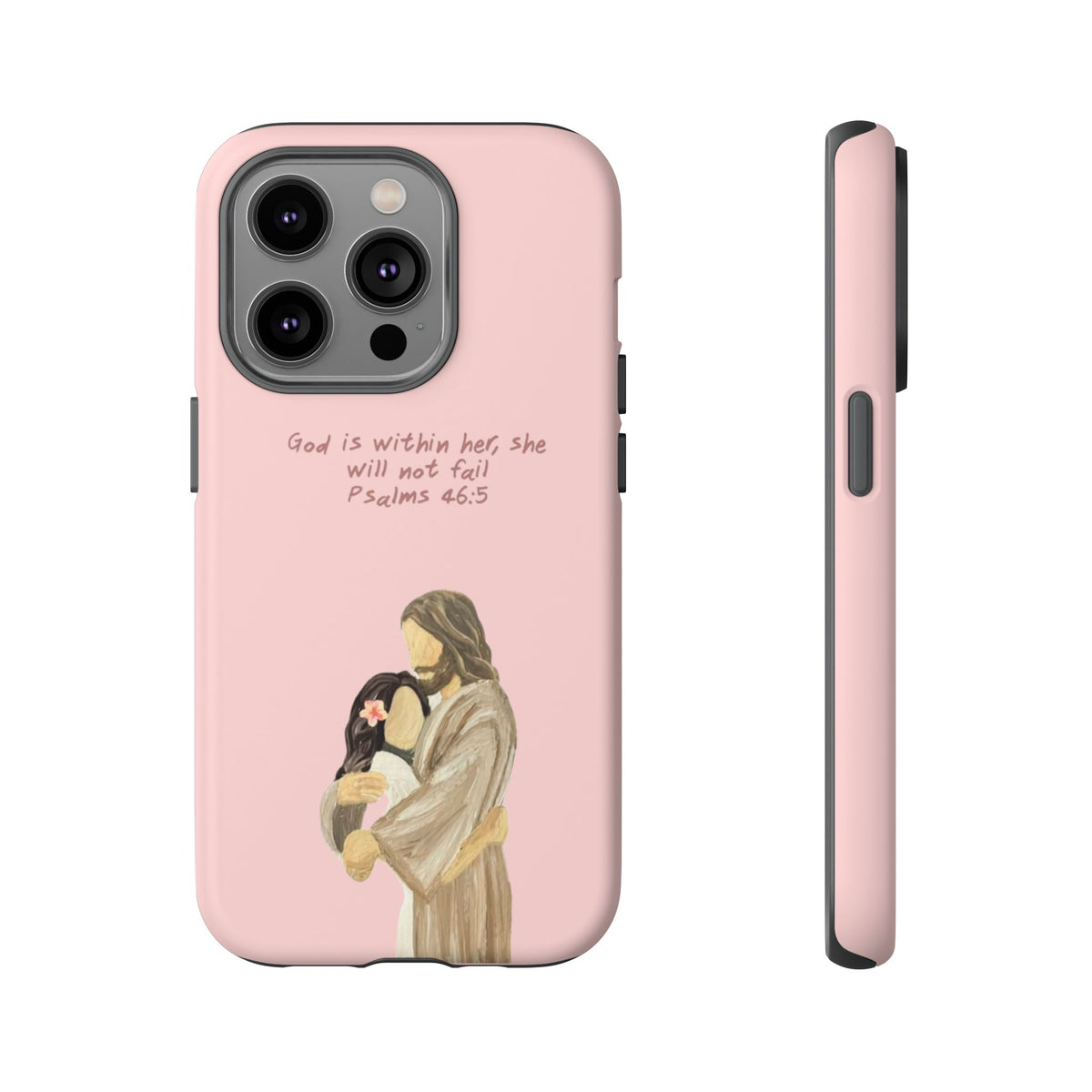 Christelijk telefoonhoesje God is in haar roze mat