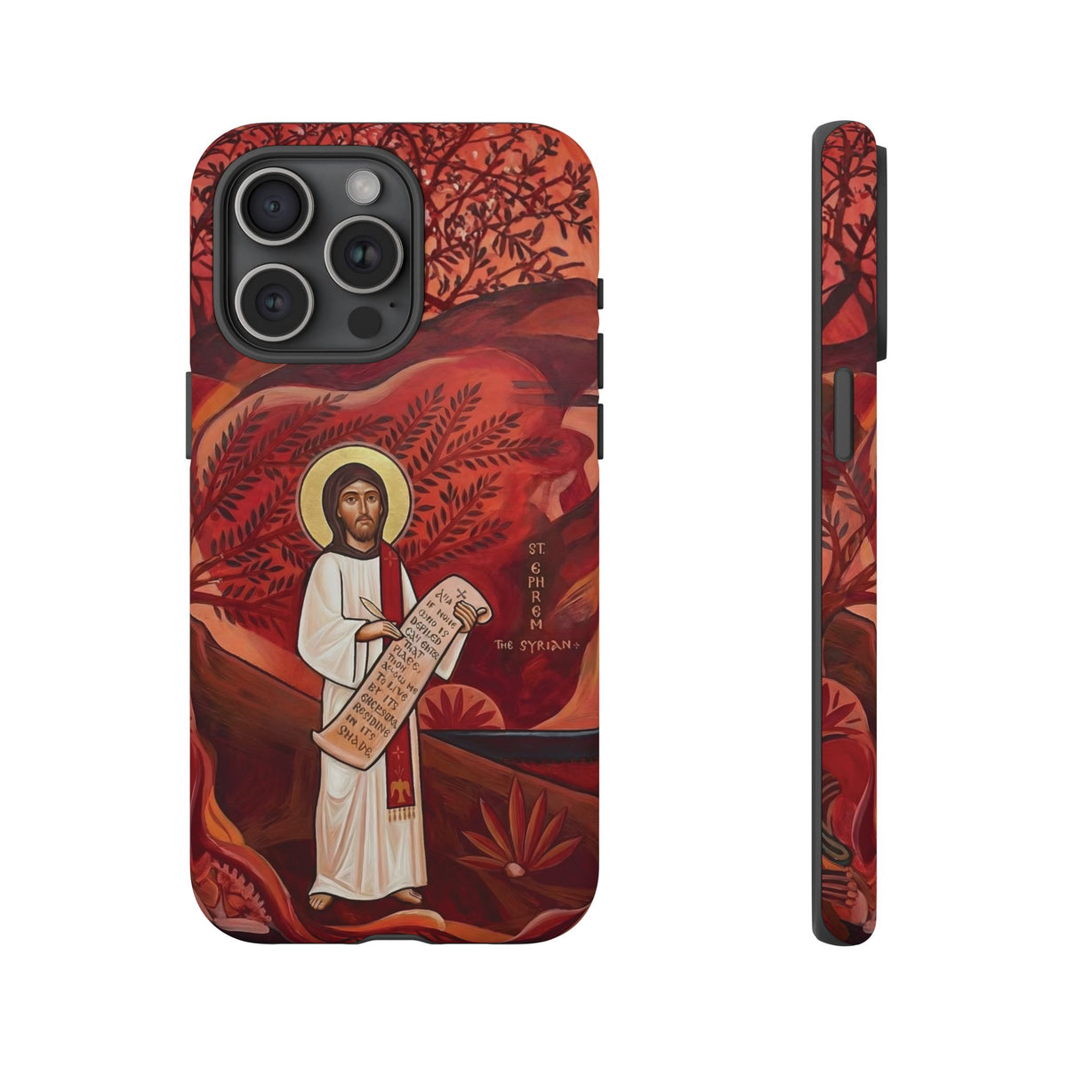 Christelijk telefoonhoesje Sint-Efrem de Syriër rood mat
