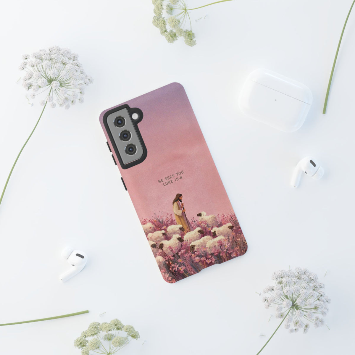Christelijk telefoonhoesje Hij ziet jou roze mat