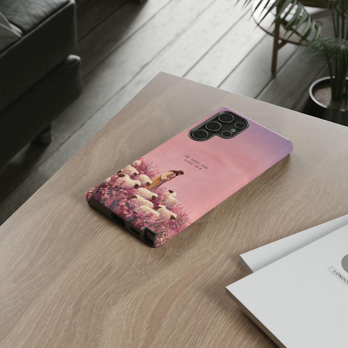 Christelijk telefoonhoesje Hij ziet jou roze mat