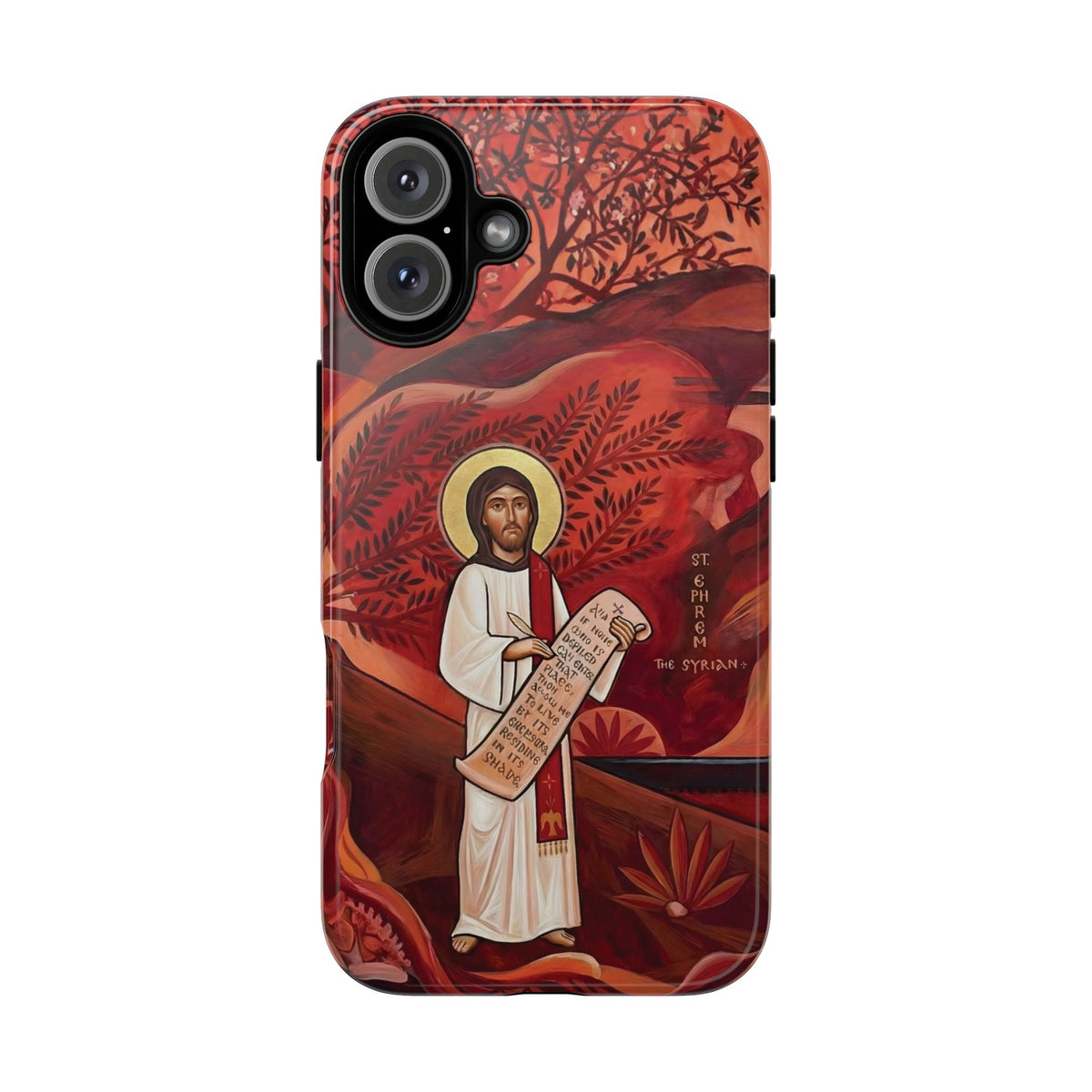 Christelijk telefoonhoesje Sint-Efrem de Syriër rood mat