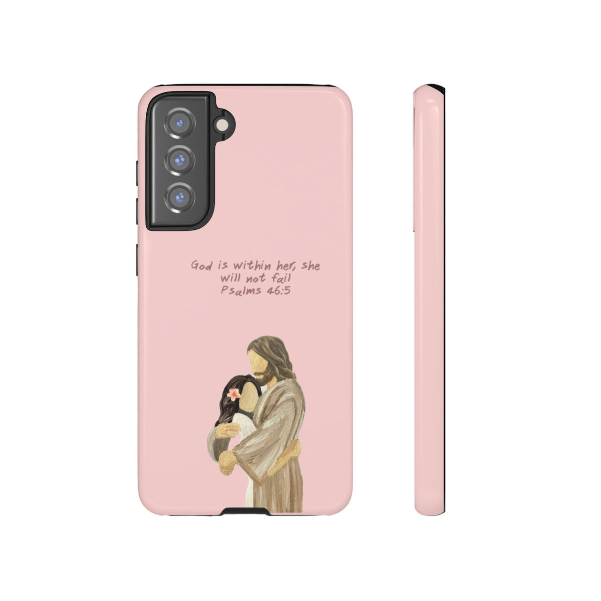Christelijk telefoonhoesje God is in haar roze mat