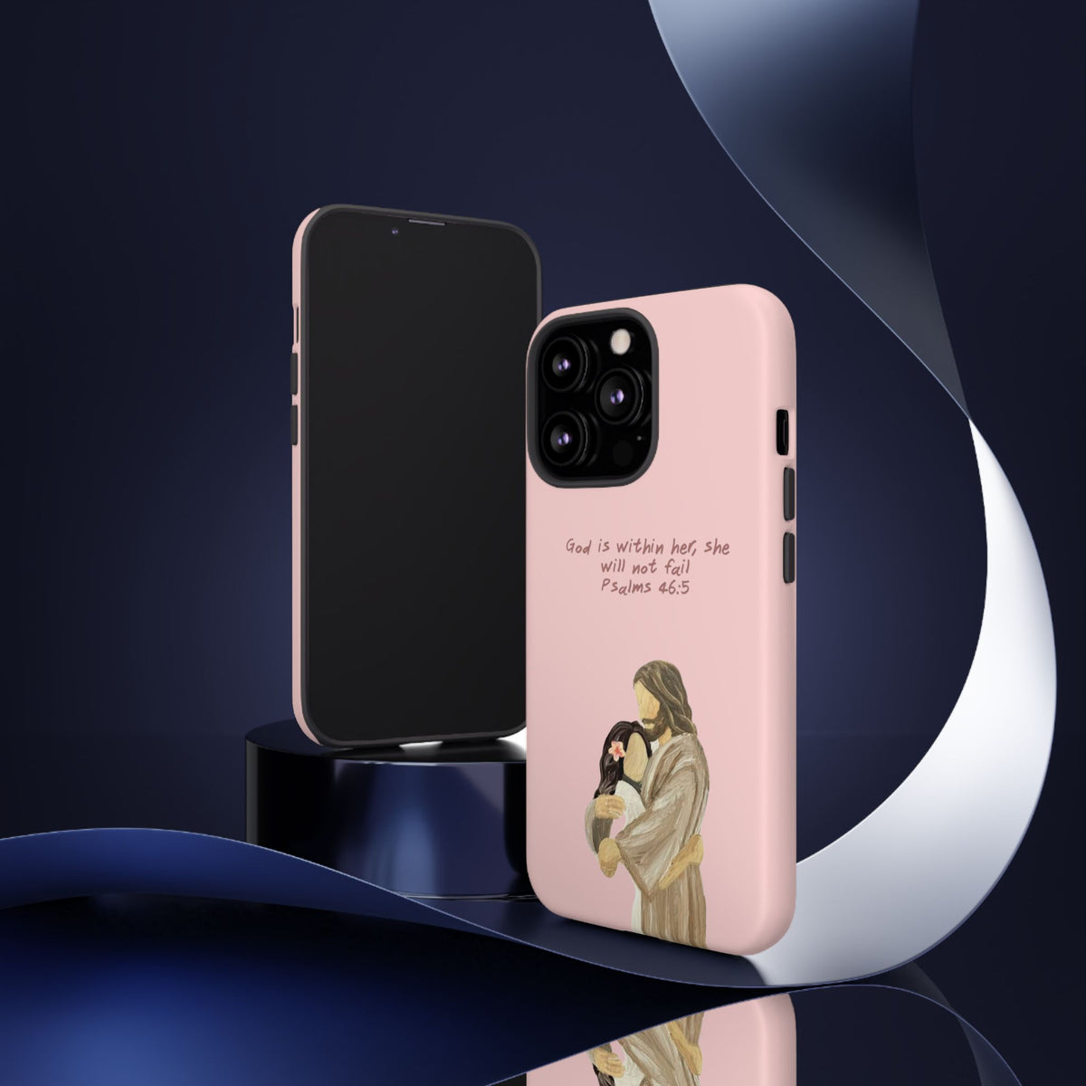 Christelijk telefoonhoesje God is in haar roze mat