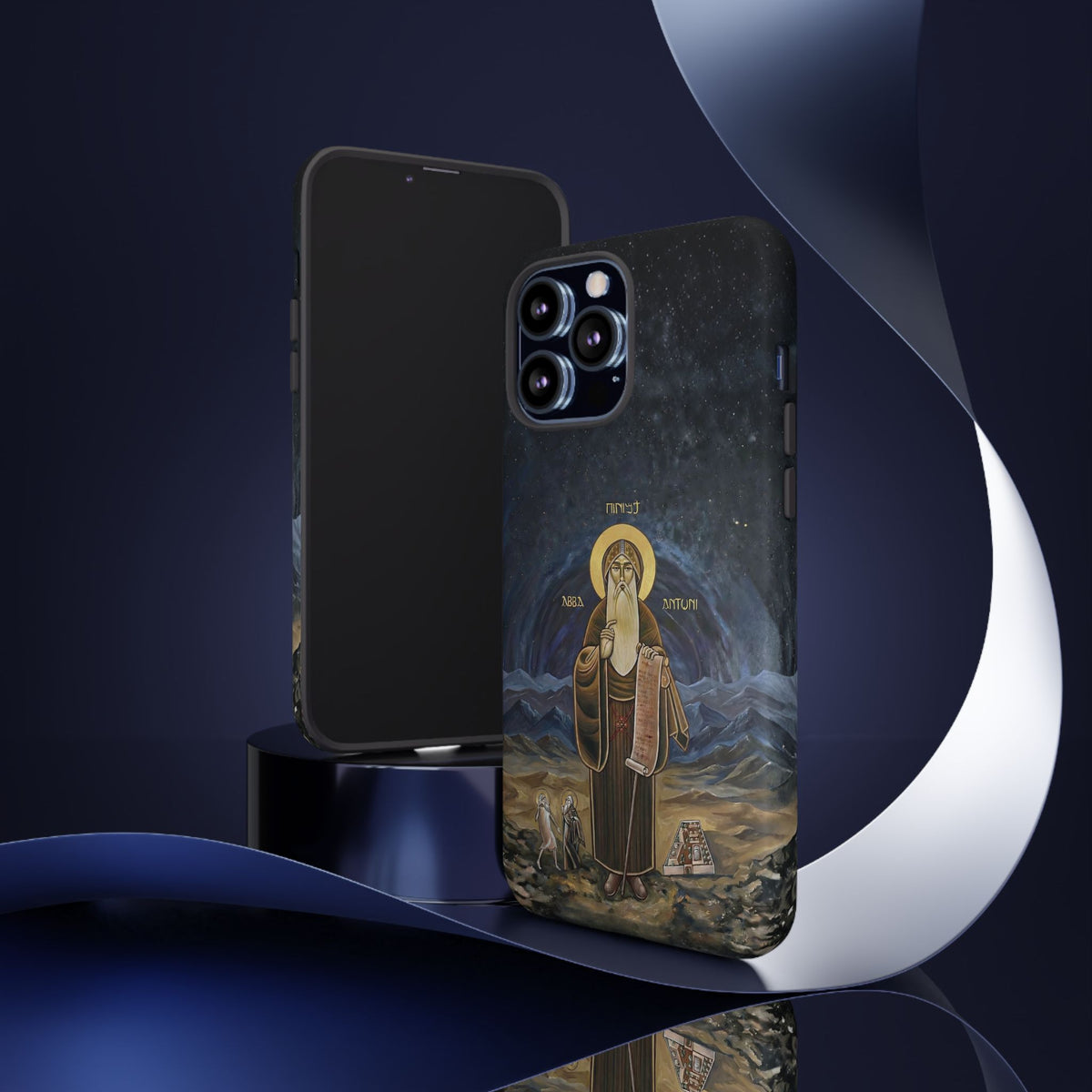 Christelijk telefoonhoesje Sint-Antonius de Grote donkerblauw mat
