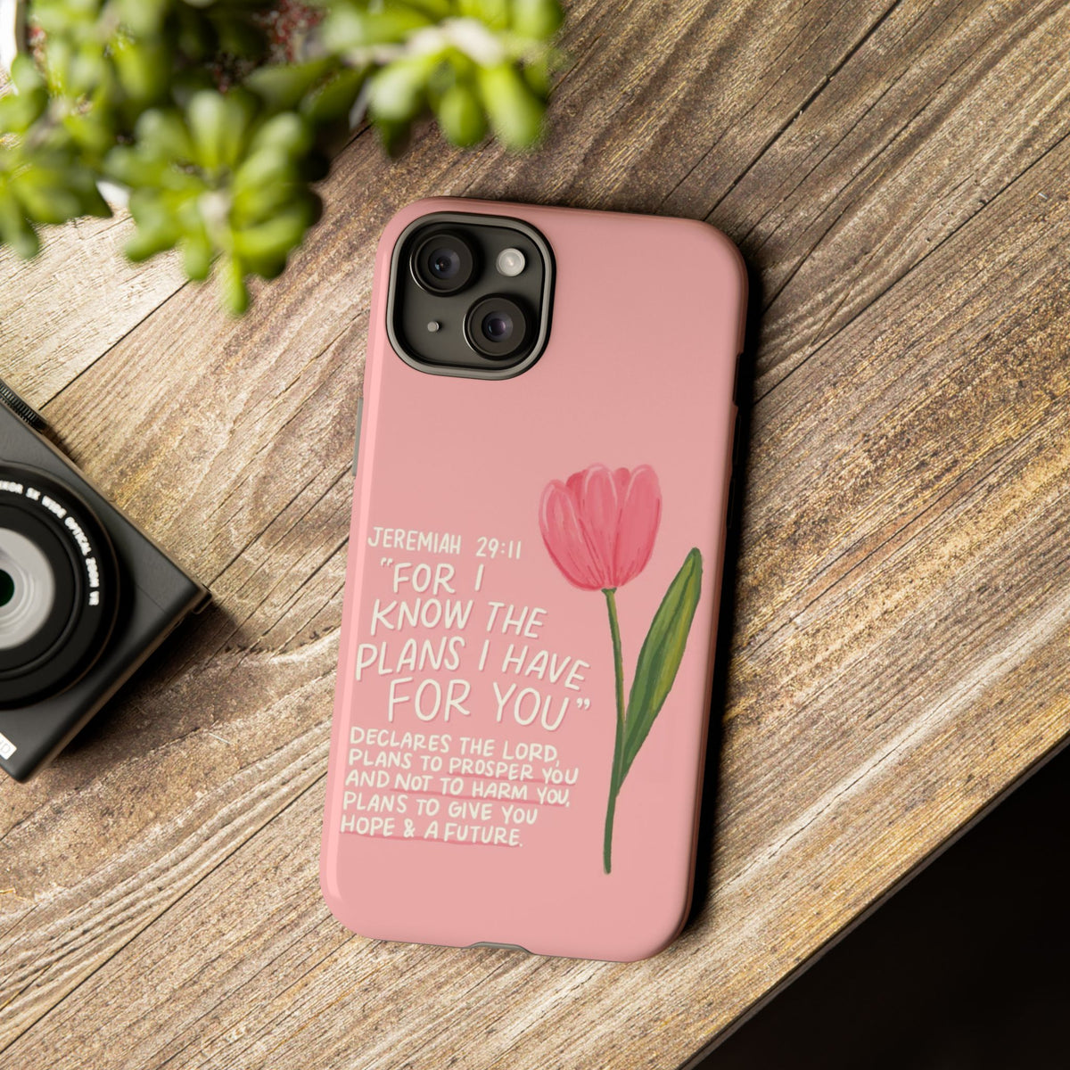 Christelijk telefoonhoesje Ik ken de plannen roze mat