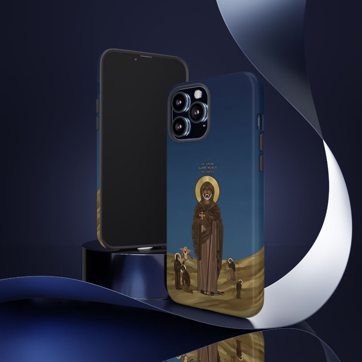 Christelijk telefoonhoesje Sint-Mozes de Sterke blauw mat