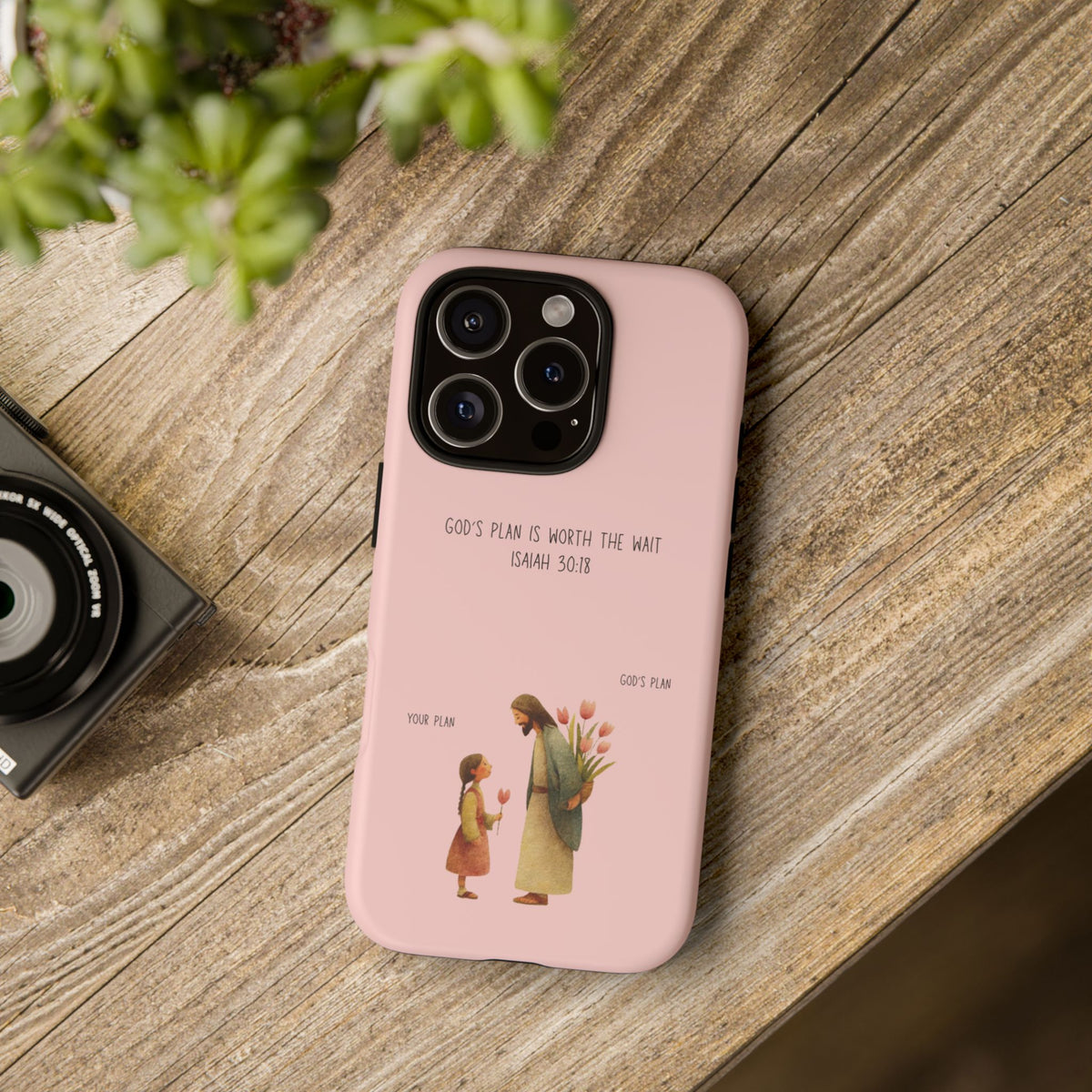 Christelijk telefoonhoesje Gods plan is beter roze mat