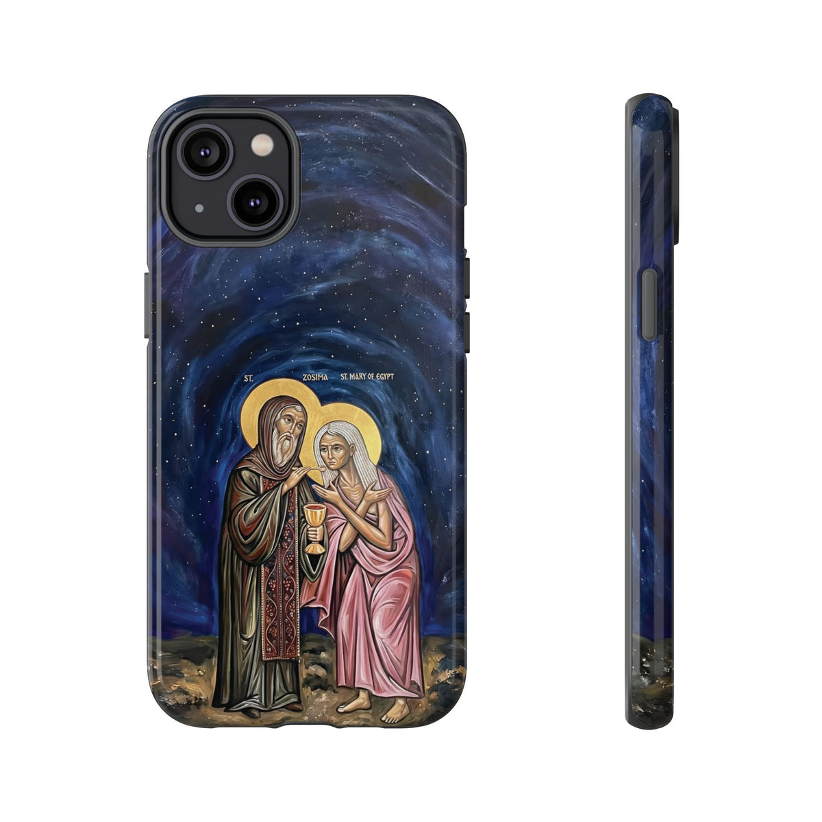 Christelijk telefoonhoesje Maria van Egypte en Sint-Zosimas donkerblauw mat