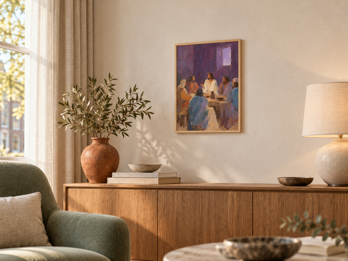 AI-interieurimpressie — Aan Tafel met Genade met naturel houten lijst
