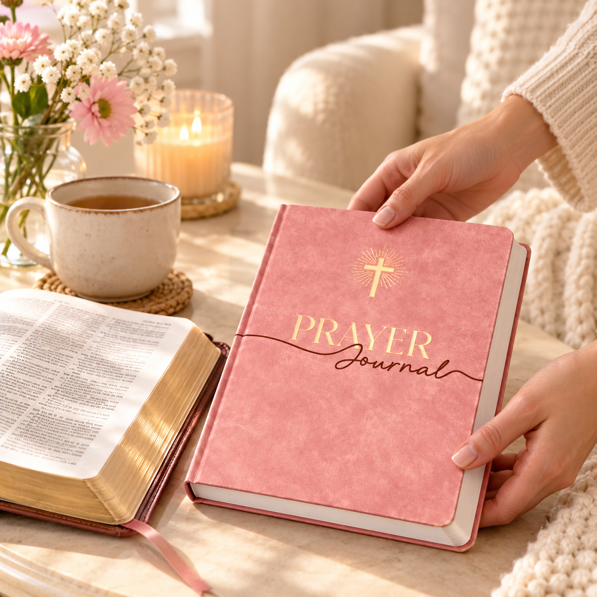 Bijbeljournal – Een moment van gebed – roze – AI-sfeerfoto