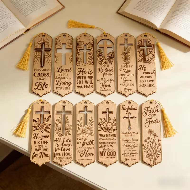 Houten boekenleggers met gegraveerd kruis en gouden kwastjes naast een open boek